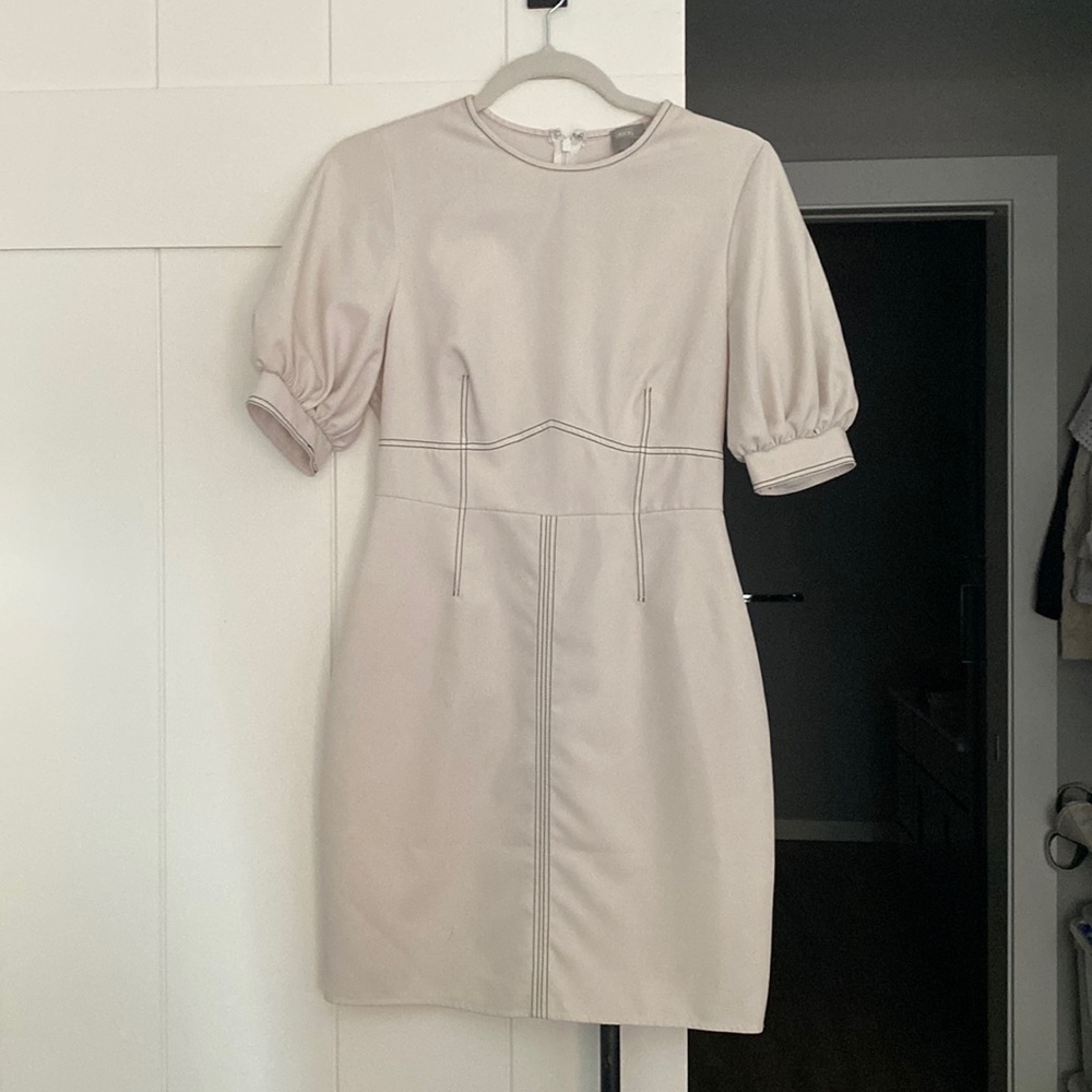 White short puff sleeve mini dress contrast black stitching